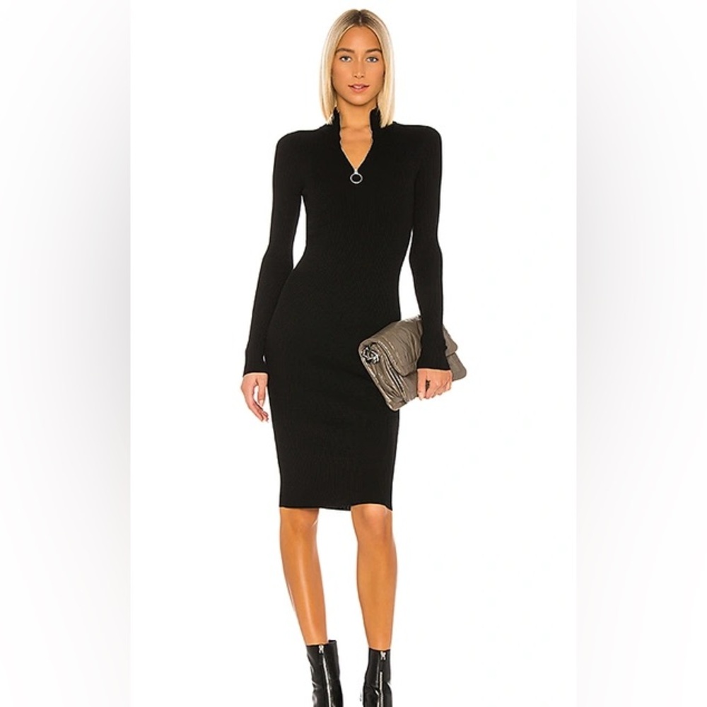 AllSaints Black Ribbed Long Sleeve Quarter Zip Stretchy Midi Dress